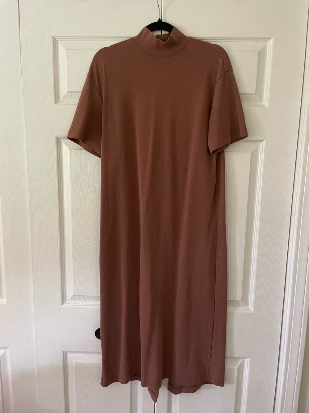 Zara Short Sleeve Mock Neck Midi Dress in Rust Brown